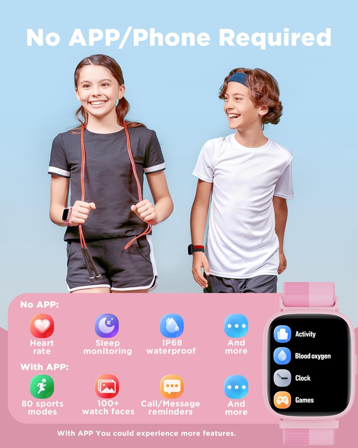 BIGGERFIVE Smart Watch for Kids, 1.8" Fitness Tracker Watch Pedometer, Heart Rate, IP68 Waterproof, Sleep Monitor, Calorie Step Counter, 5 Puzzle Games with/Without APP for Girls Teens 5-16, Nylon