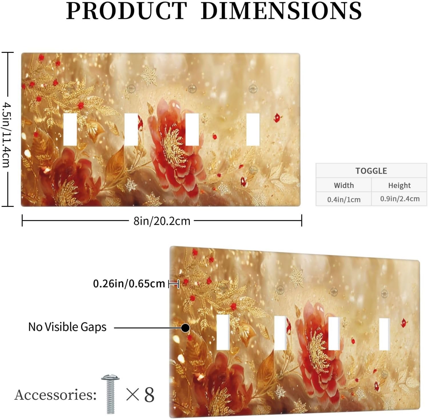 Decorative Light Switch Cover Plate Golden Leaf Red Peony Flowers Floral 4 Gang Wall Plate Oversized Quad Toggle Switch Cover Plate Jumbo Faceplate for Bedroom Decor