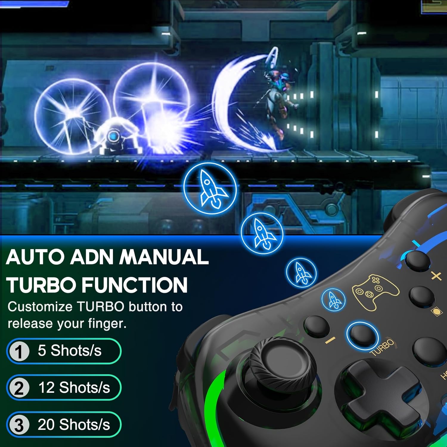ELISWEEN Switch Controller for Nintendo Switch/Switch 2/OLED/Lite, Replacement for Nintendo Switch Pro Controller Support PC & Android/iOS with Cool Light, Wireless Switch Controller with Turbo,Vibration