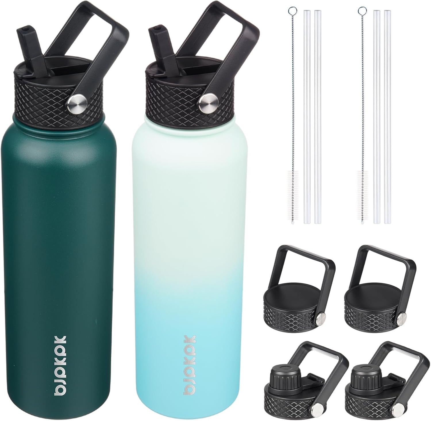 BJPKPK 2 Pack Insulated Water Bottles with Straw Lids, 40ozStainless Steel Metal Water Bottle with 6 Lids, Leak Proof BPA Free Jugs, Cups, Flasks for Travel, Sports (Army Green+Mint)