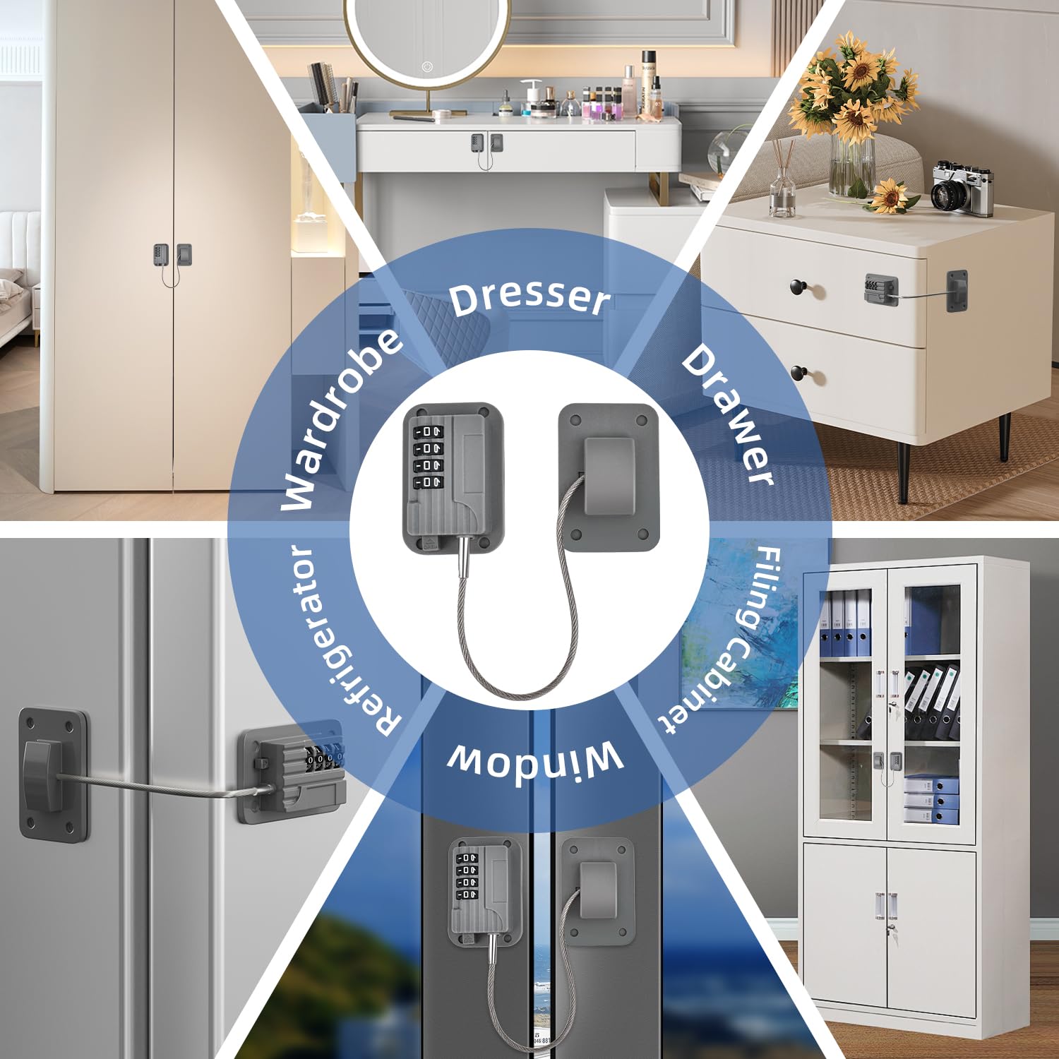 Refrigerator Lock, Heavy Duty Fridge Locks for Kids, Freezer Lock with Combination for Refrigerator Drawer Cabinet Safety, Easy to Install No Keys Needed Grey