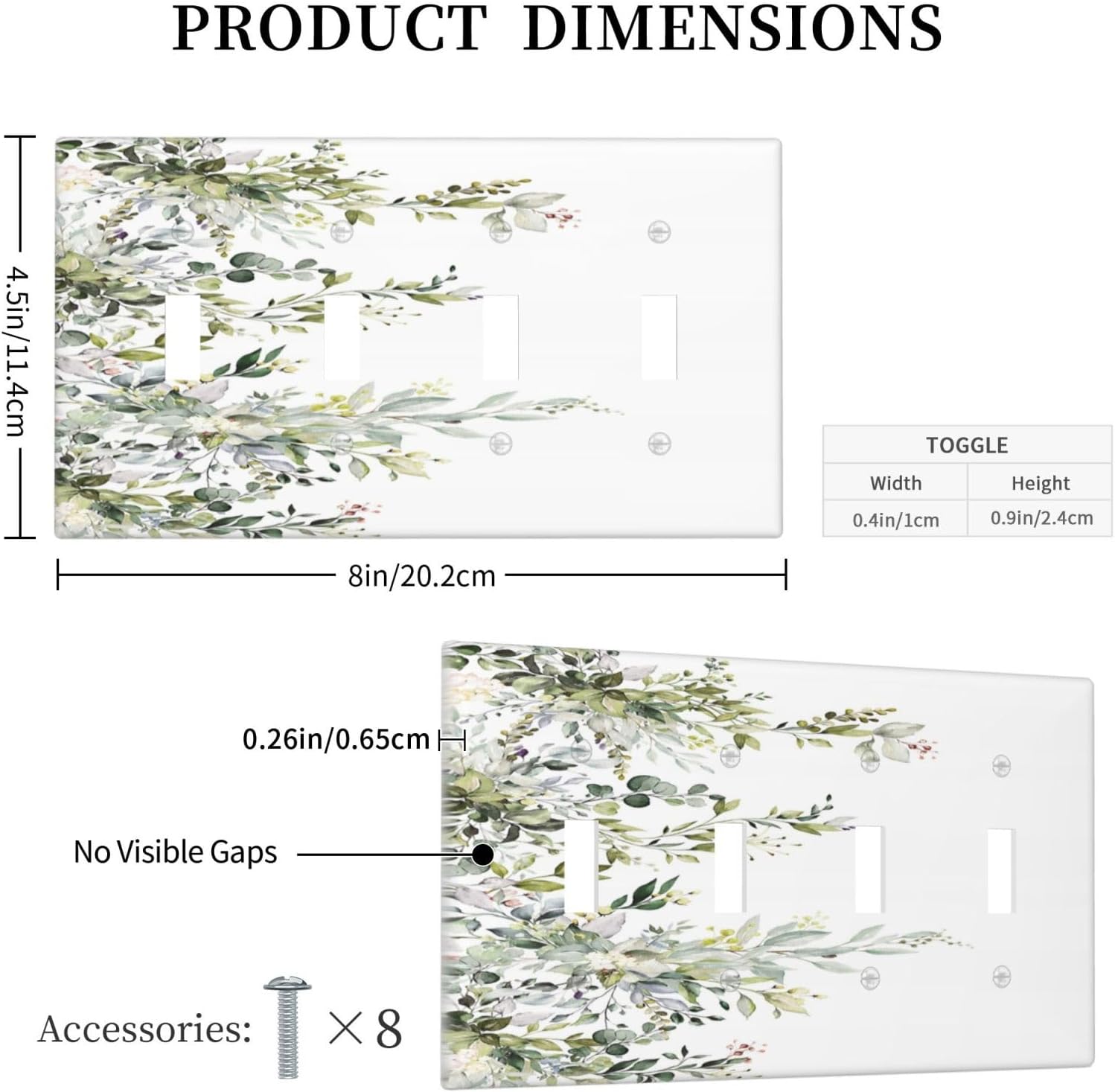 Decorative Light Switch Plate Covers Rustic Eucalyptus Leaves Green Leaf 4 Gang Light Switch Cover Quad Toggle Wall Plate Outlet Covers for Bedroom Home Decor