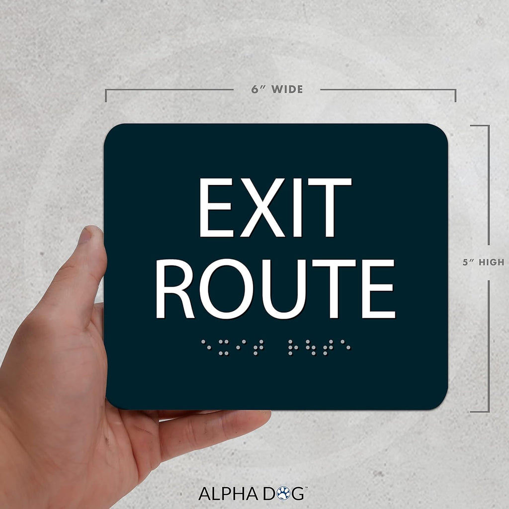 ALPHA DOG ADA SIGNS - Exit Route Sign with Braille for Your Business, 5x6 Inch, ADA Compliant, Indoor or Outdoor, Easy Installation, Made in the USA, Black