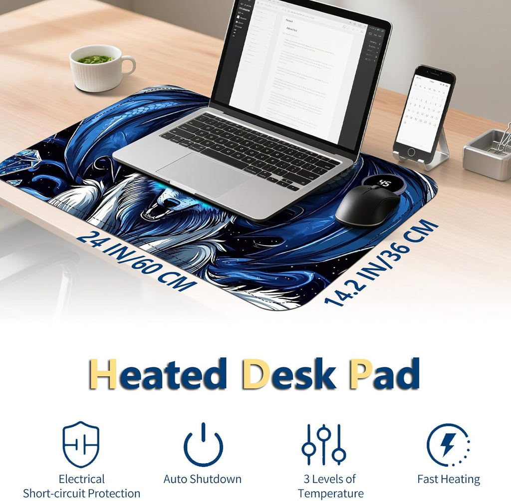 Heated Mouse Pad with 3 Temperature Settings(104°F–122°F),Large 24x14.2 Inch PU Leather Heated Desk Mat,Waterproof Warming Pad for Office,Gaming & Cold Hands Relief,Dragon and Wolf