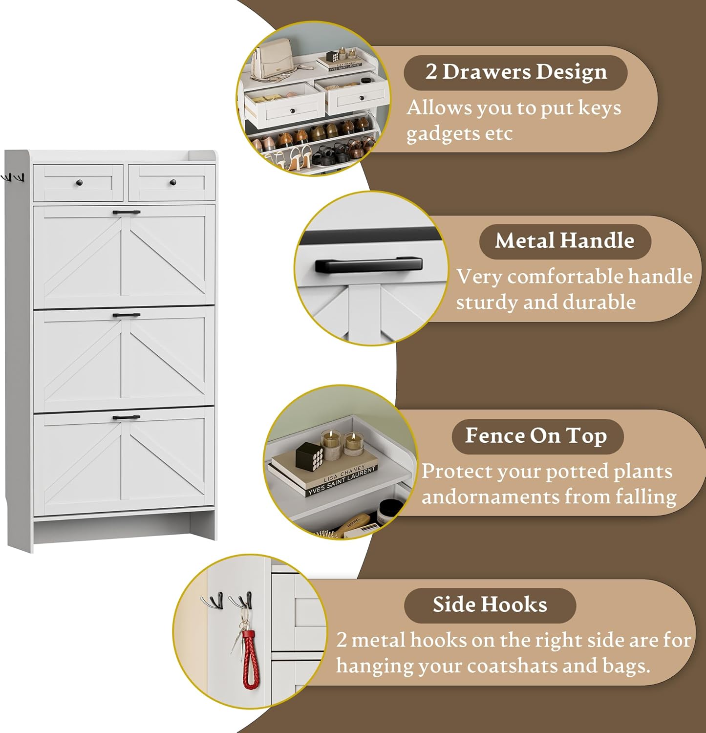 Shoe Storage Cabinet for Entryway, Farmhouse Narrow Shoe Cabinet with 3 Flip Drawers & 2 Top Drawers, Adjustable Shelves & Hooks, Freestanding Hidden Rack Organizer for Hallway, Foyer