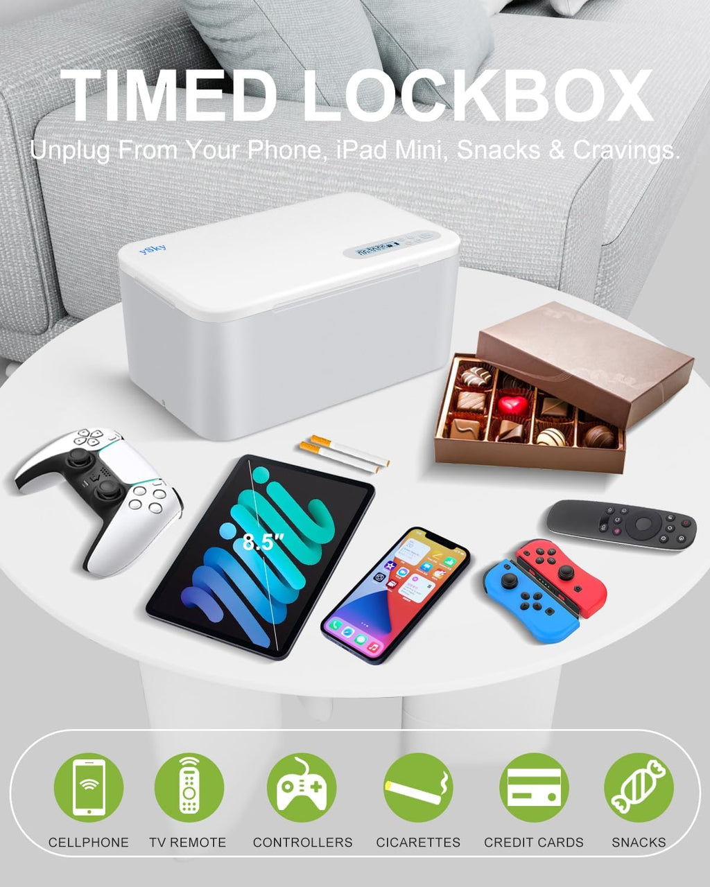 ySky Phone Lock Box with Timer,SafeTimed Lock Box Unplug from Phones,Video Games,Social Media,Snacks&Cravings,Self Control Storage Box for 8.5 inch iPad,Time Locker Box (Gray)
