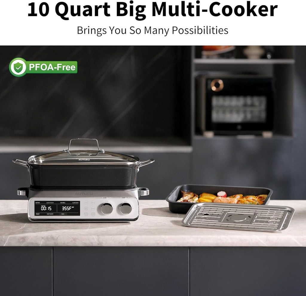 N21NA Pro Slow Cooker 10 Quart, 8-in-1 Programmable PFOA-Free Ceramic Coated Multi-Cooker with Grill Pan, Steaming Plate (Includes Silicone Spoon & Tongs)