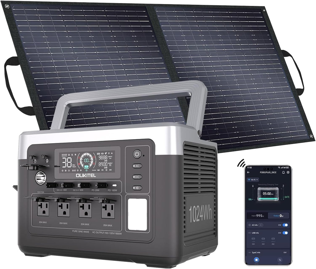 OUKITEL P1000 Plus 1024Wh Solar Generator with 4 AC Outlets (3600W Peak), 1800W Power Station with 100W Solar Panel, 1200W Fast Charging, APP Control Battery Backup for Home, Camping & RVs