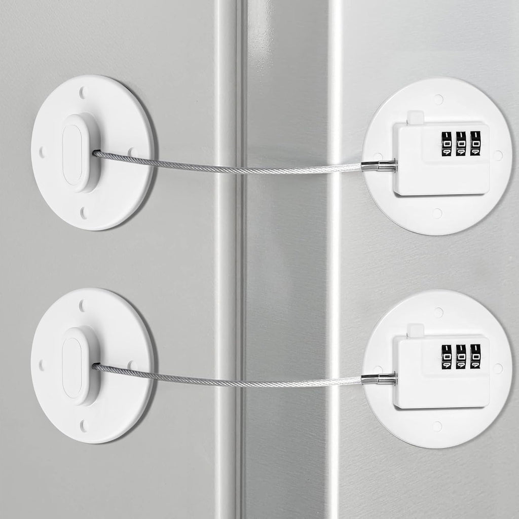 Fridge Lock Refrigerator Lock- Child Safety Cabinet Locks for Refrigerator, Freezer, Drawers & Cabinets - No Key Combination Lock, Adjustable & Reusable for Kids, Adults, Pets (White 2Pack)