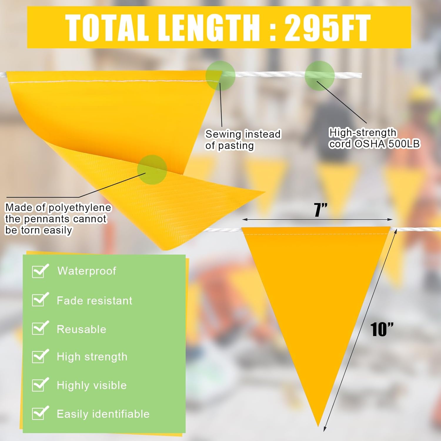 Preboun 135 Pcs 295 ft Pennant Banners Flags Reflective Yellow Safety String PVC Perimeter Marking Flags Caution Barricade Windproof Waterproof Rooftop Flagging for Marker Construction