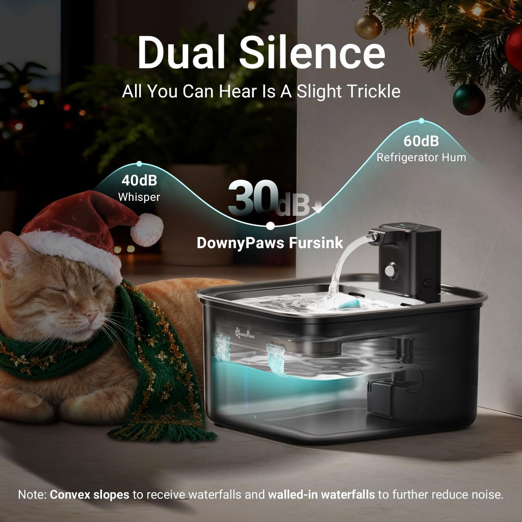 DownyPaws Cat Water Fountain Stainless Steel Wireless, 101 oz/3L FurSink Cordless Water Fountain for Cats, Battery Operated Cat Fountains for Drinking with Motion Sensor, Easy Clean, Black