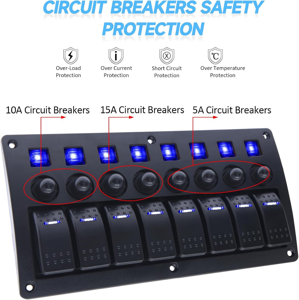 8 Gang Marine Switch Panel, Boat Rocker Switch Panel Waterproof, 12V Aluminum Switch Panel, Marine Toggle Switches ON/Off with Circuit Breaker 5A 10A 15A for Car RV Truck (Blue)