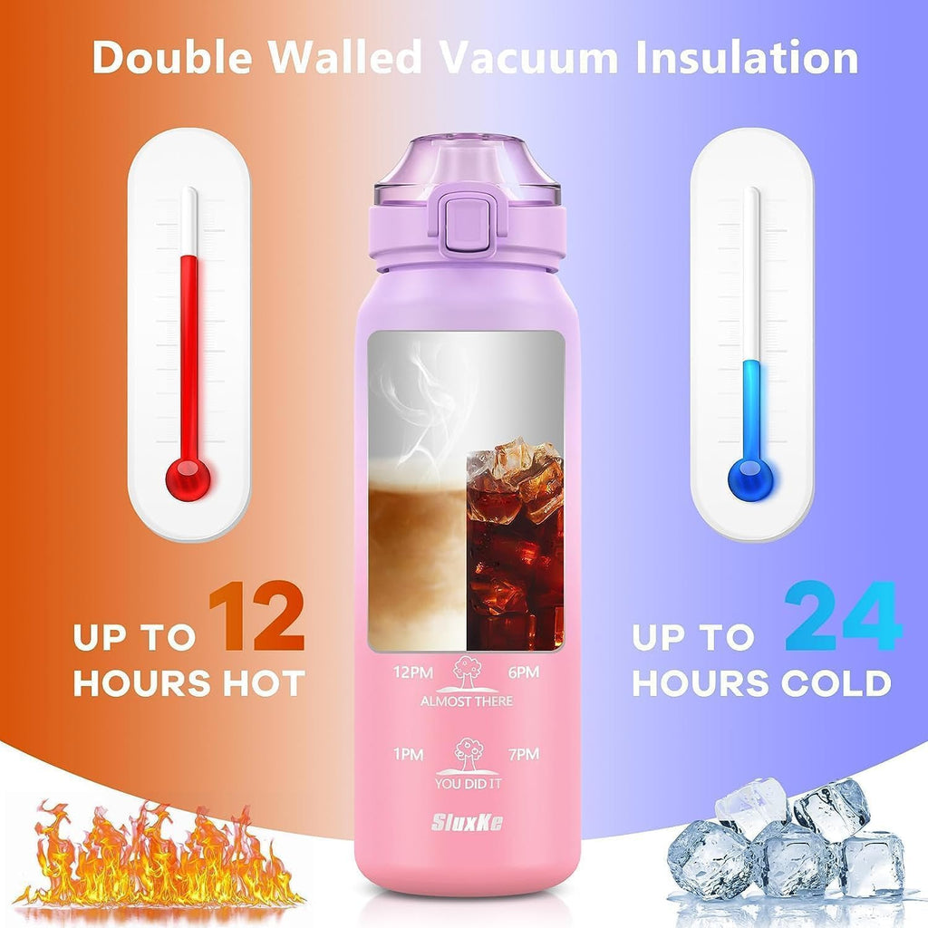 Stainless Steel Insulated Water Bottle 32oz with Handle, 1L Double Wall Insulated Bottle with Time Marker BPA Free, 1000ml Metal Water Flask for Outdoor Working School PURPLE PINK