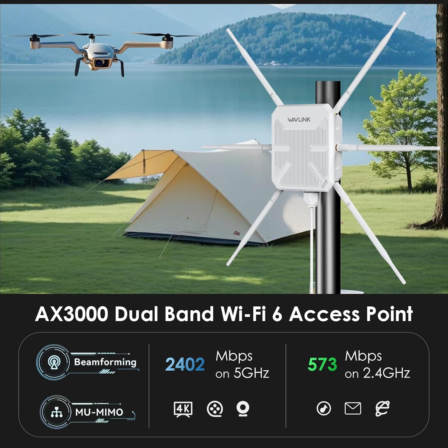 2026 AX3000 Outdoor WiFi 6 Extender, WAVLINK Long-Range WiFi Repeater/Access Point with Dual Band/PoE/IP67 Waterproof/6 x 7dBi Antennas, Supports Up to 256 Devices for Garage, Yard, RV,Farm