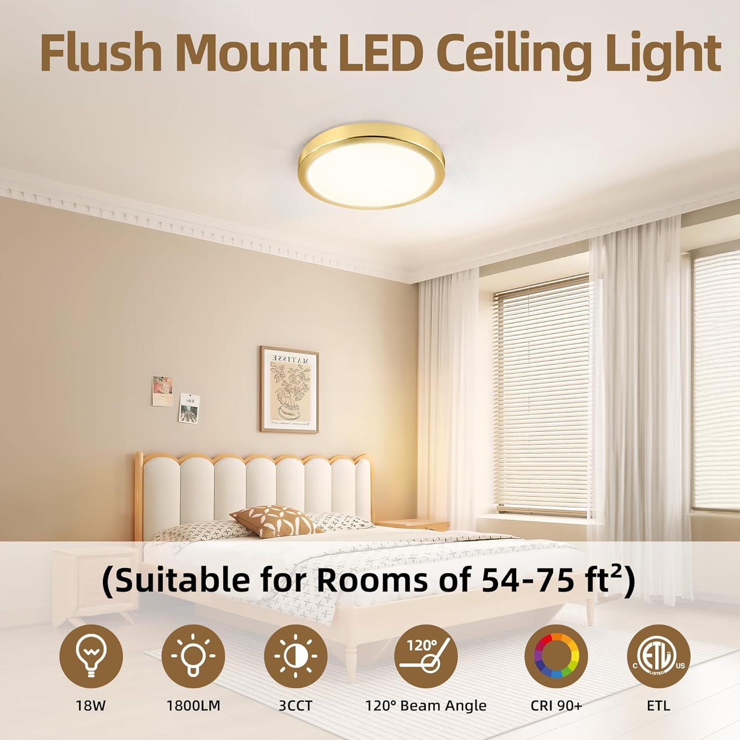 Hlite 6pack 9 Inch Flush Mount LED Ceiling Light Fixture,18W 1800LM Super Slim Light Fixtures Ceiling Mount 3000K/4000K/5000K 3CCT Selectable,Light Fixtures for Kitchen,Bedroom (Gold)