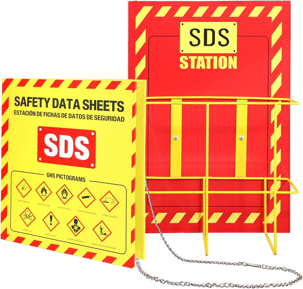MSDS SDS Binder and Wall Station,Yellow Heavy Duty 3 Inch Material Safety Data Sheet 3 Ring Binder with SDS Wire Rack and Display Sign, Chain,Mounting Hardware,Safety Posters,MSDS Labels