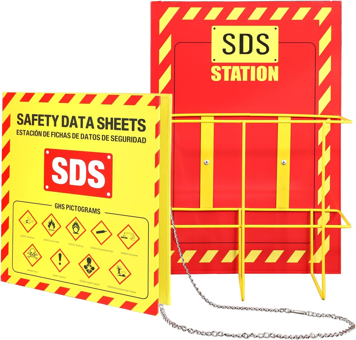 MSDS SDS Binder and Wall Station,Yellow Heavy Duty 3 Inch Material Safety Data Sheet 3 Ring Binder with SDS Wire Rack and Display Sign, Chain,Mounting Hardware,Safety Posters,MSDS Labels