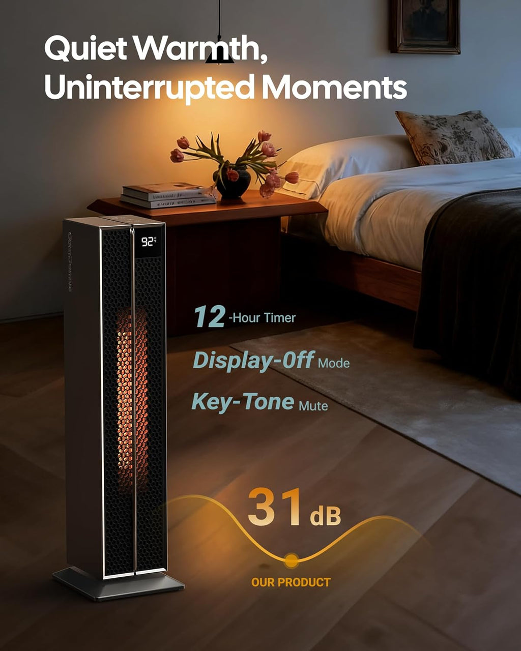 Electric Heaters for Indoor Use, 32” Space Heater Large Room with Remote, 120° Oscillation, 5 Heat Levels, 3 Modes, Multiple Safety Protections, 1500W Ceramic Tower Heater for Bedroom, Silver