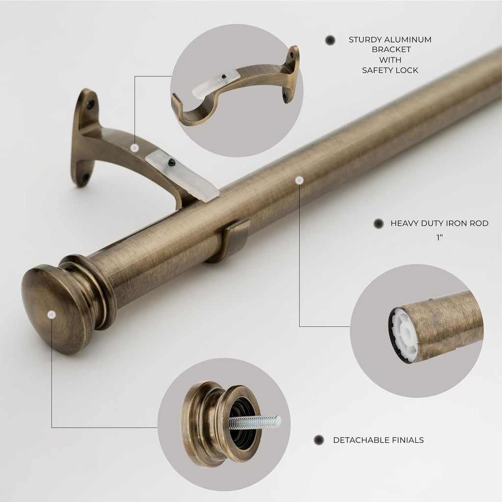 Deco Window Adjustable Curtain Rod for Windows 44 to 120 Inch Extendable Heavy Duty 1 Inch Iron Drapery Pole with End Cap Finials Wall Mounted French Door Curtain Rods (Pack of 1, Antique Brass)