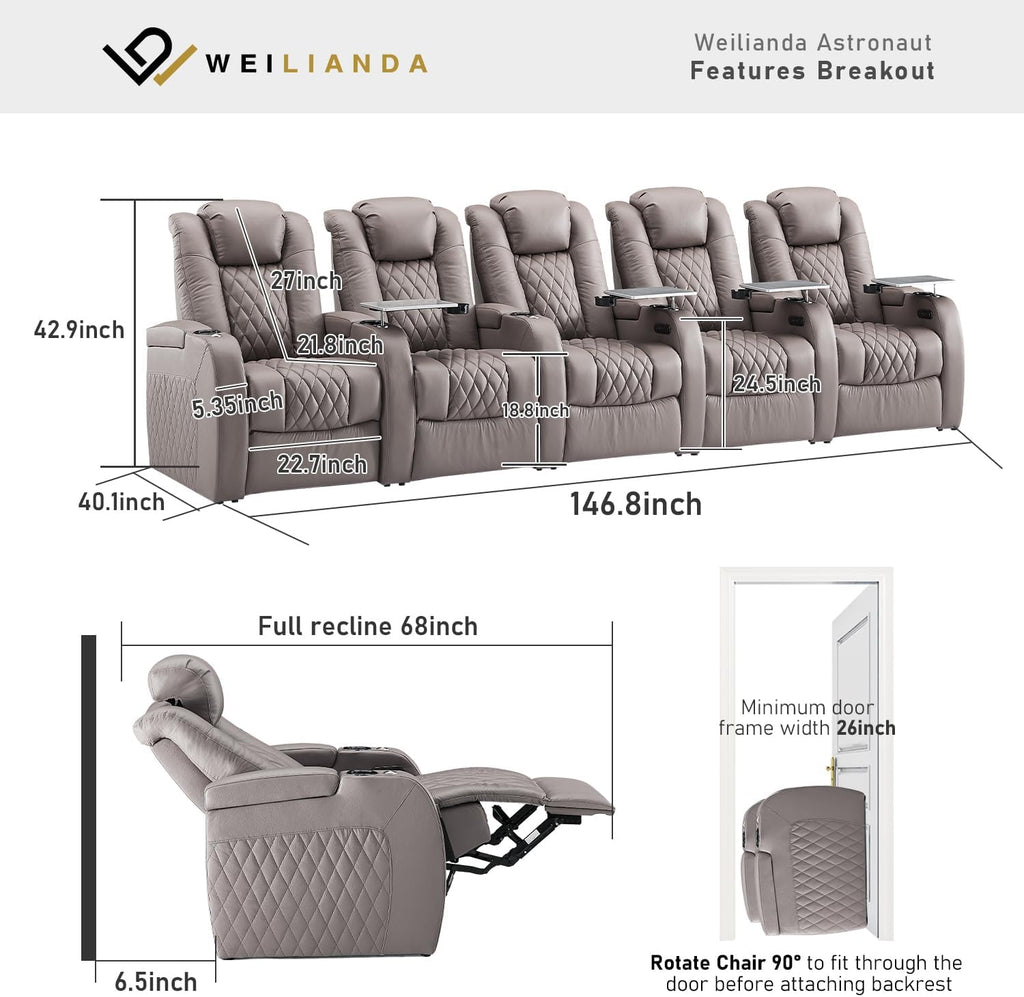 Weilianda Home Theater Seating Top Grain Leather Zero Gravity Recliner Chair Power Headrest Recline Movie Seat Gaming 7 Colors Mood Light Sofa with Tray Table USB Charge Row of 5 Grey