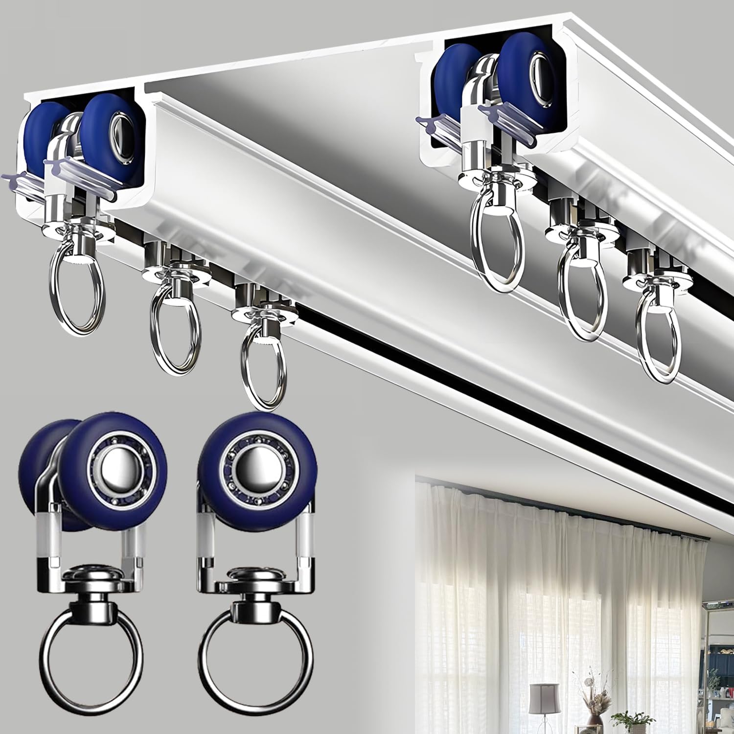 Double Curtain Track Ceiling Mounted, Heavy Duty Aluminum Sliding Rails for Curtains, Silent Double Curtain Track System for Drapes Room Dividers Living Room Bedroom (White,4.1m(13.5ft))