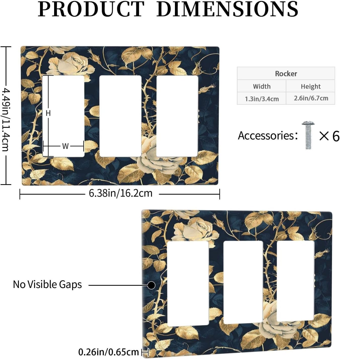 Light Switch Covers Boho Vintage Floral Golden Flower Dark Blue Background 3 Gang Rocker Electrical GFCI Decorative Triple Outlet Wall Plate Cover Switchplate for Bedroom living Room Decor