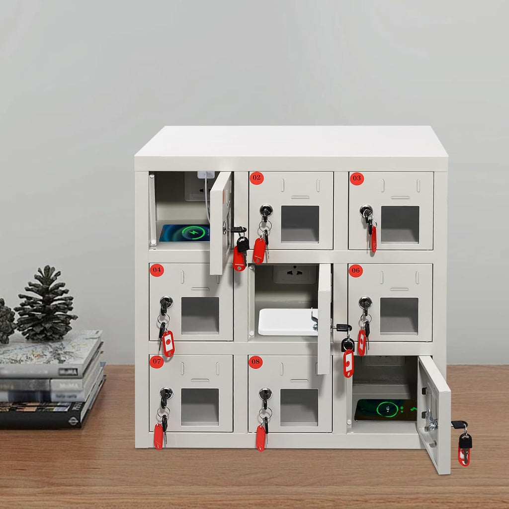 9 Door Cell Phone Locker with Charging Station, Rechargeable Mobile Device Phones Storage Cabinet with Anti-Interlocking Lock for Office Classroom Hotel (9 Slots)