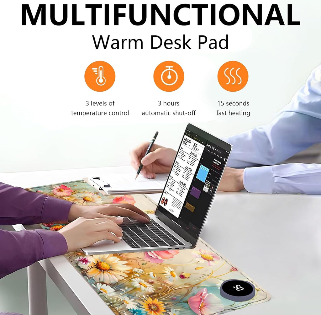 Heated Mouse Pad with 3 Levels Heated & 3 Hours Auto Shut-Off Mouse Pad for Warming Hands in Office Home, 23.6" x 14.2"Large Safe Desk Mat Hand Warmer，Colorful Flowers