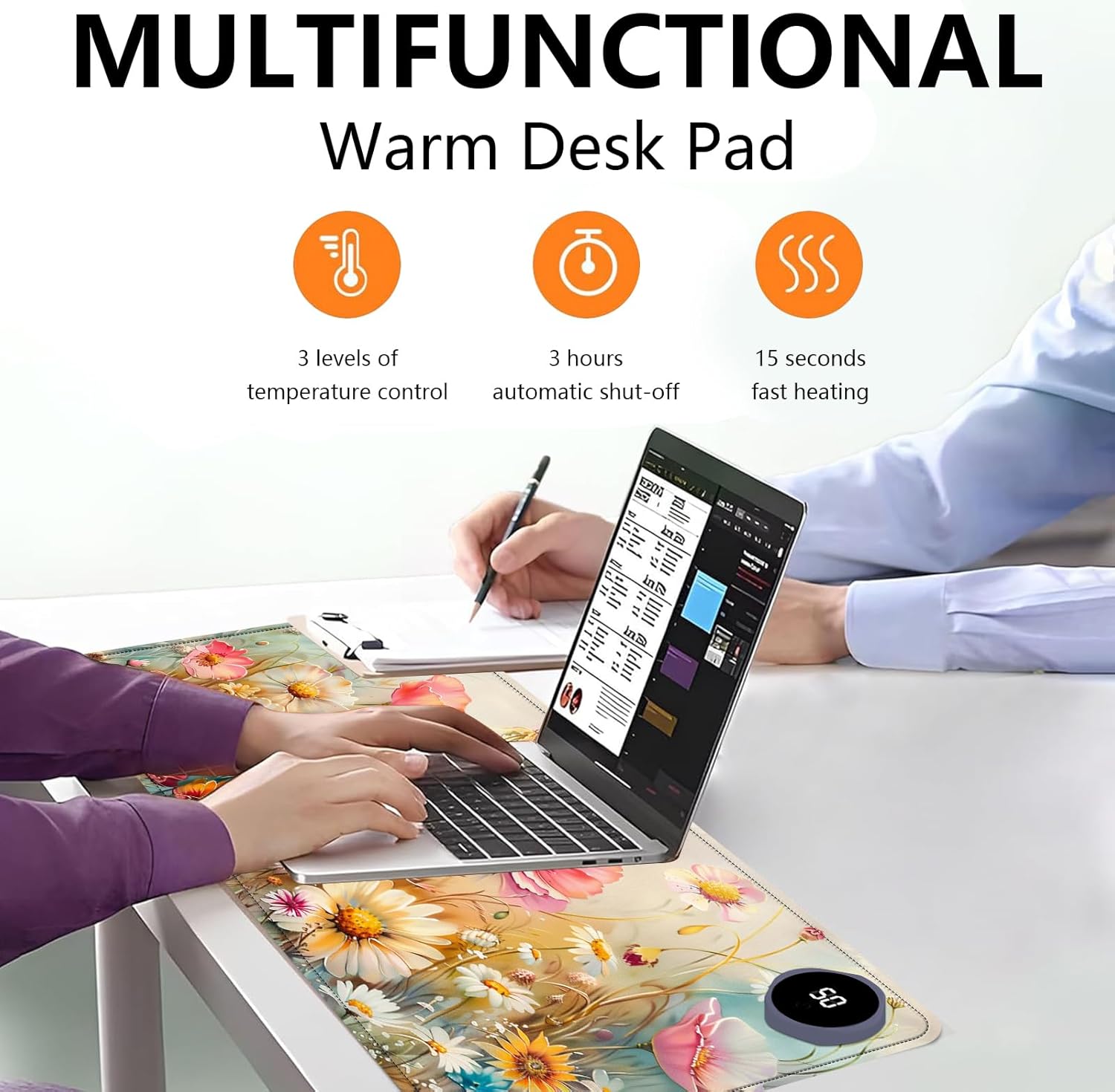 Heated Mouse Pad with 3 Levels Heated & 3 Hours Auto Shut-Off Mouse Pad for Warming Hands in Office Home, 31.5" x 13"Large Safe Desk Mat Hand Warmer，Colorful Flowers