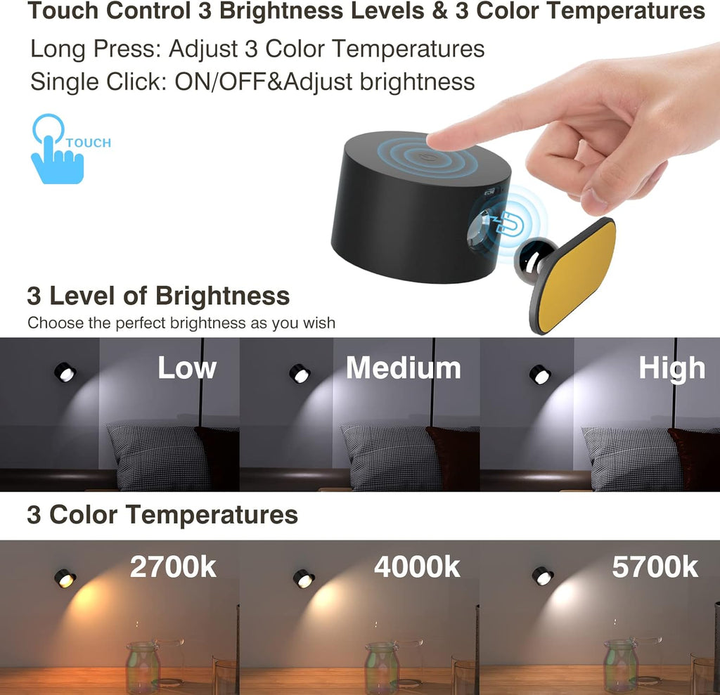 Koopala LED Reading Lights, Wall Mounted Sconces with 3 Color Temperatures & 3 Brightness Levels Rechargeable Battery Magnetic Ball 360°Rotation Touch Control, Lamps for Kids Study Bedside Closet