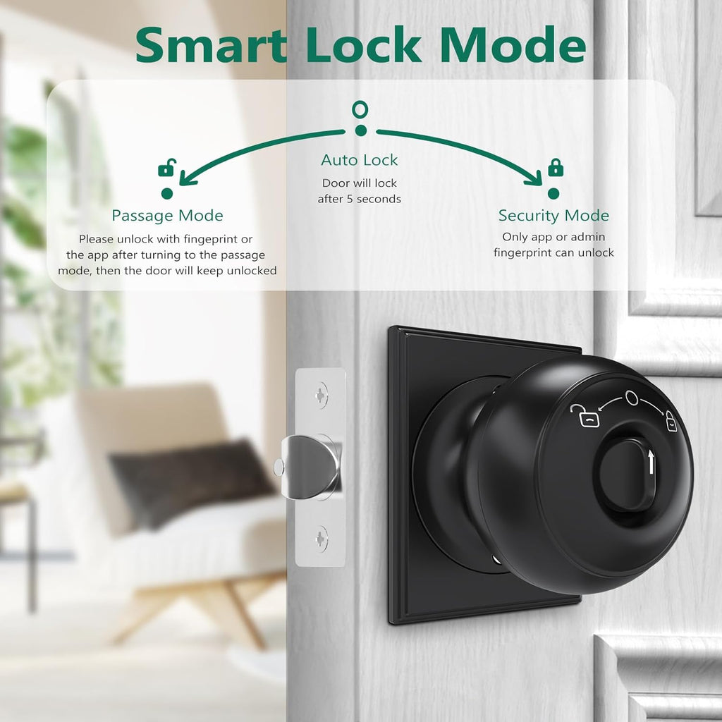 GeekTale Fingerprint Door Lock, Smart Lock with App, Biometric Door Lock, Thumbprint Door Knob, Smart Fingerprint Door Knob for Bedroom, Office, Apartment