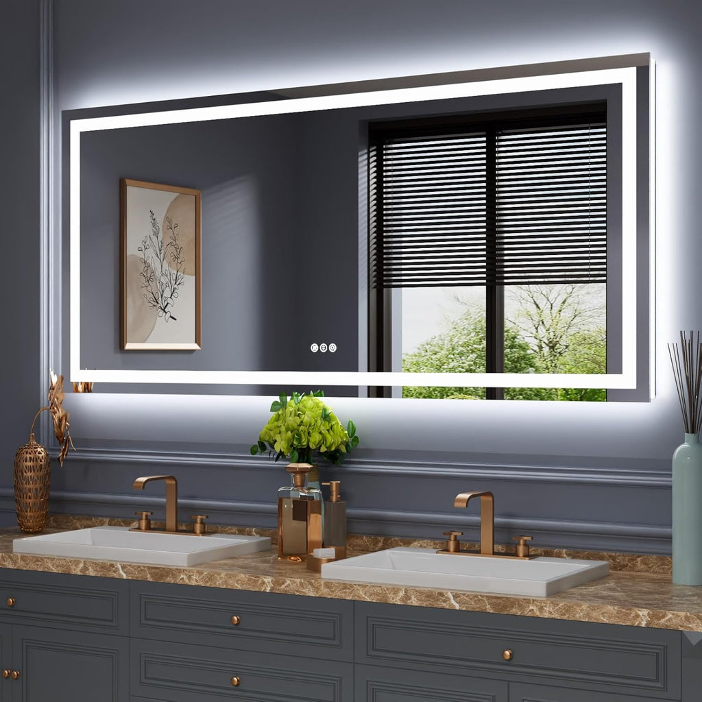 Amorho LED Bathroom Mirror, 68" X38" with Front and Backlight, Stepless Dimmable Wall Mirrors with Anti-Fog, Shatter-Proof, Memory, 3 Colors, Double LED Vanity Mirror
