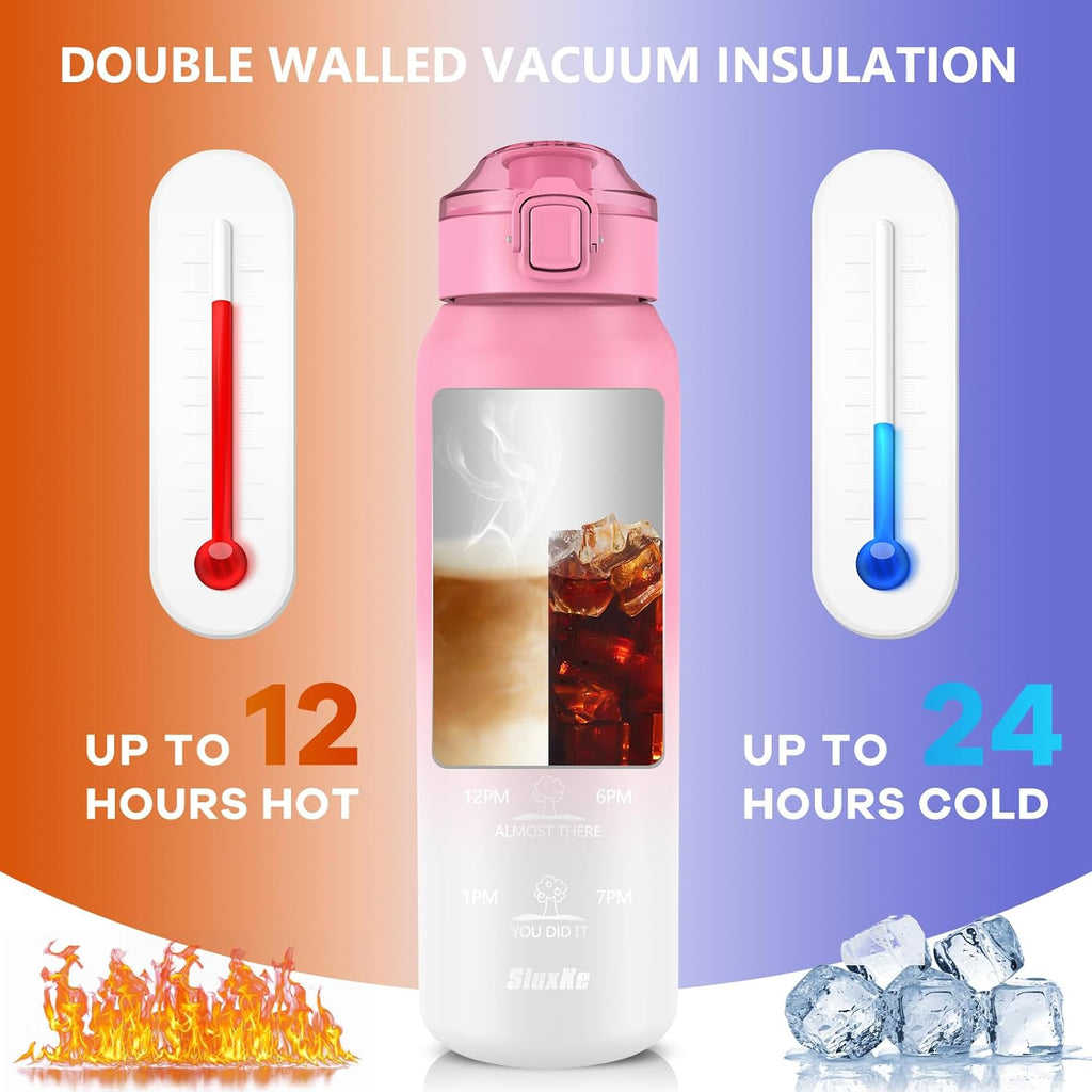 32oz Insulated water bottle with 2 Lids (Straw and Chug Lid), 18/10 Stainless Steel Water Bottle BPA Free, Double Wall Vacuum Wide Mouth Insulated Water Bottle for Men, Women & Kids PINK WHITE