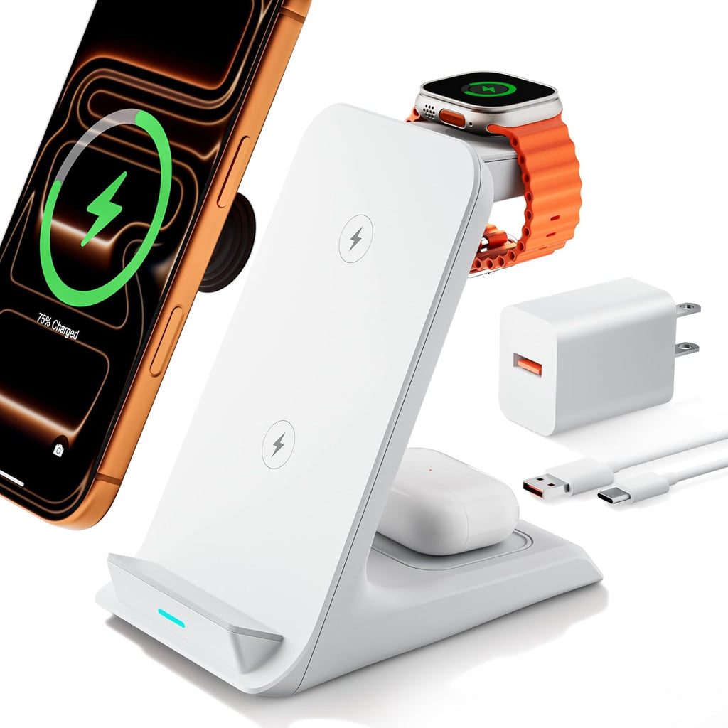 Wireless Charger for Thick Cases of 10MM/Otterbox/for Popsocket, 3 in 1 Charging Dock for iPhone 17 16 15 14 13 Pro Max, Charging Station for Multiple Devices for Apple Watch/AirPods