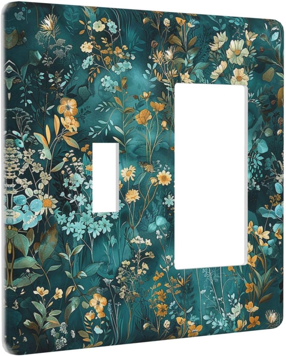 Outlet Covers Green Leaf Floral Boho Golden Flower Plant 1 Toggle 1 Rocker Combination Decorative Wall Plate Electrical Switch Plates Light Switch Cover Plate For Bed Room Cabin Decor