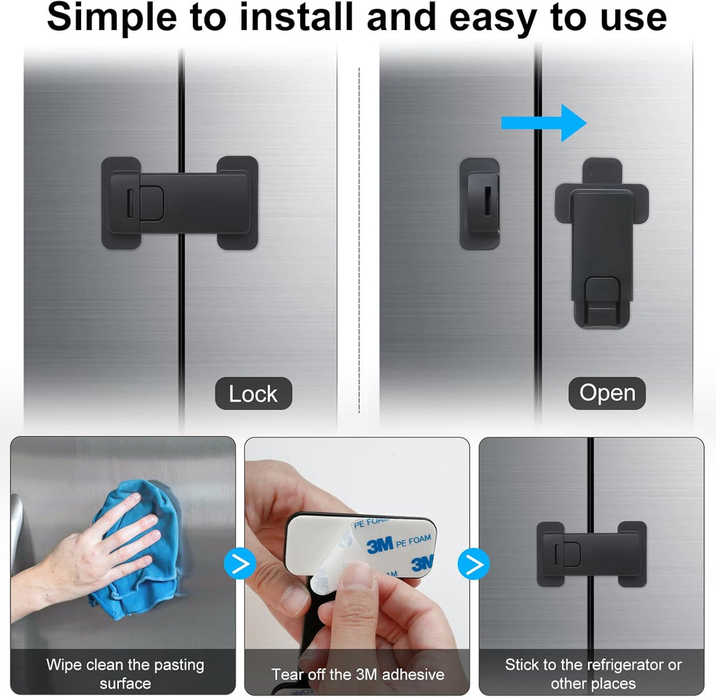 Fridge Locks for Kids, Child Proof Refrigerator Lock, Baby Safety French Fridge Door Lock, Child Cabinet Locks with Strong 3M Adhesive, No Drill, Tool-Free Install (1 Pack, Black)