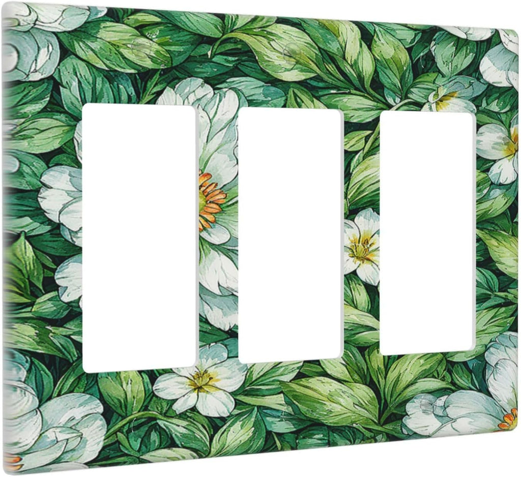 Vintage Floral White Flowers Green Plants Leaves Light Switch Covers 3 Gang Rocker Decorative Triple Outlet Wall Plate Cover Electrical GFCI Switchplate for Bedroom Bathroom Decor