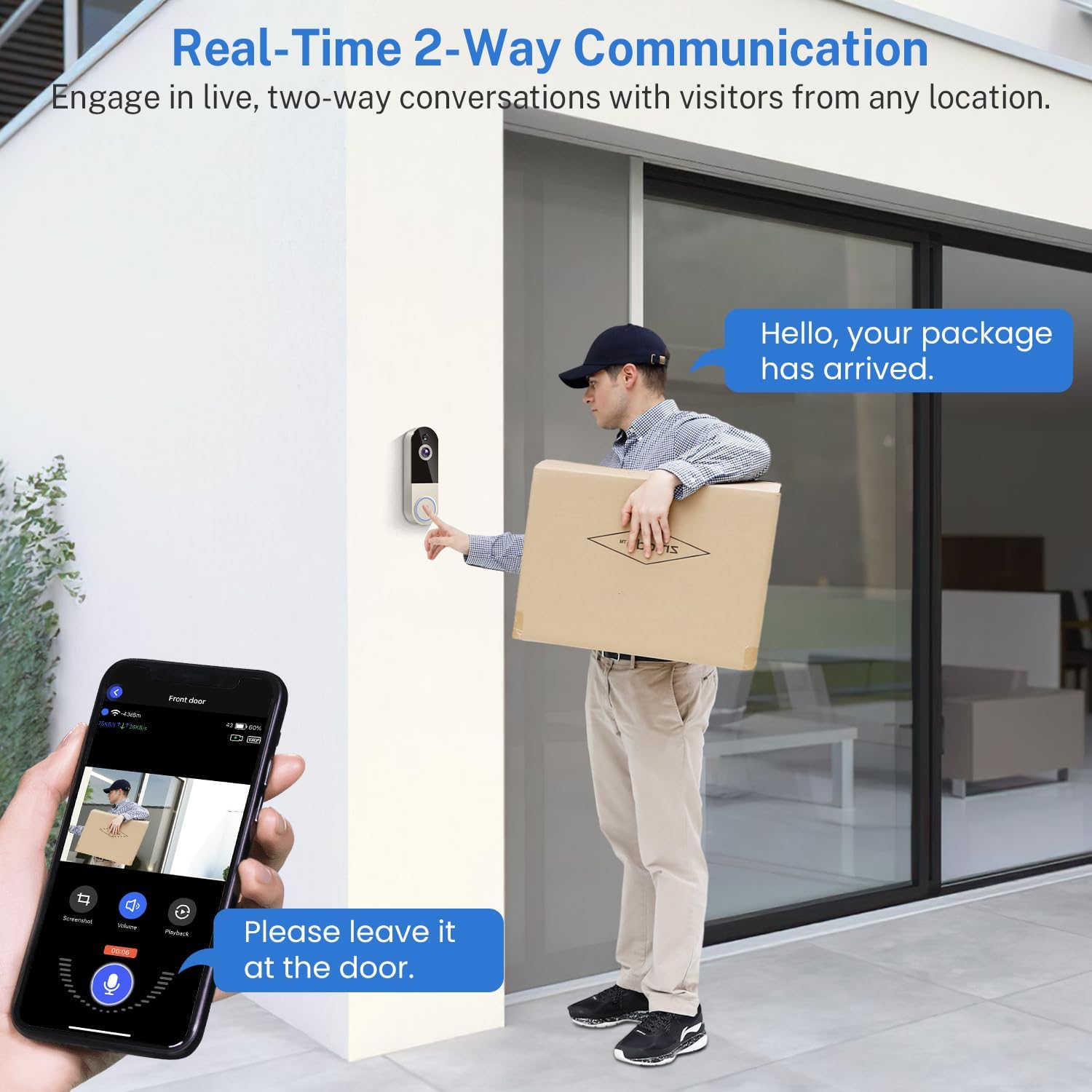 WiFi Video Doorbell Camera with Human Detection, Battery Powered, Night Vision, 2-Way Talk, 2.4G WiFi, Cloud Storage