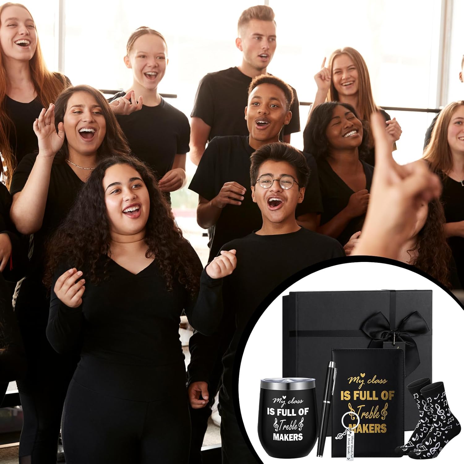 6 Pcs Music Teacher Band Teacher Gifts for Men My Class Is Full of Treble Makers 12 oz Stainless Steel Cup Socks Keychain Pen Notebook Box for Christmas Musicians Musical Lovers Gift