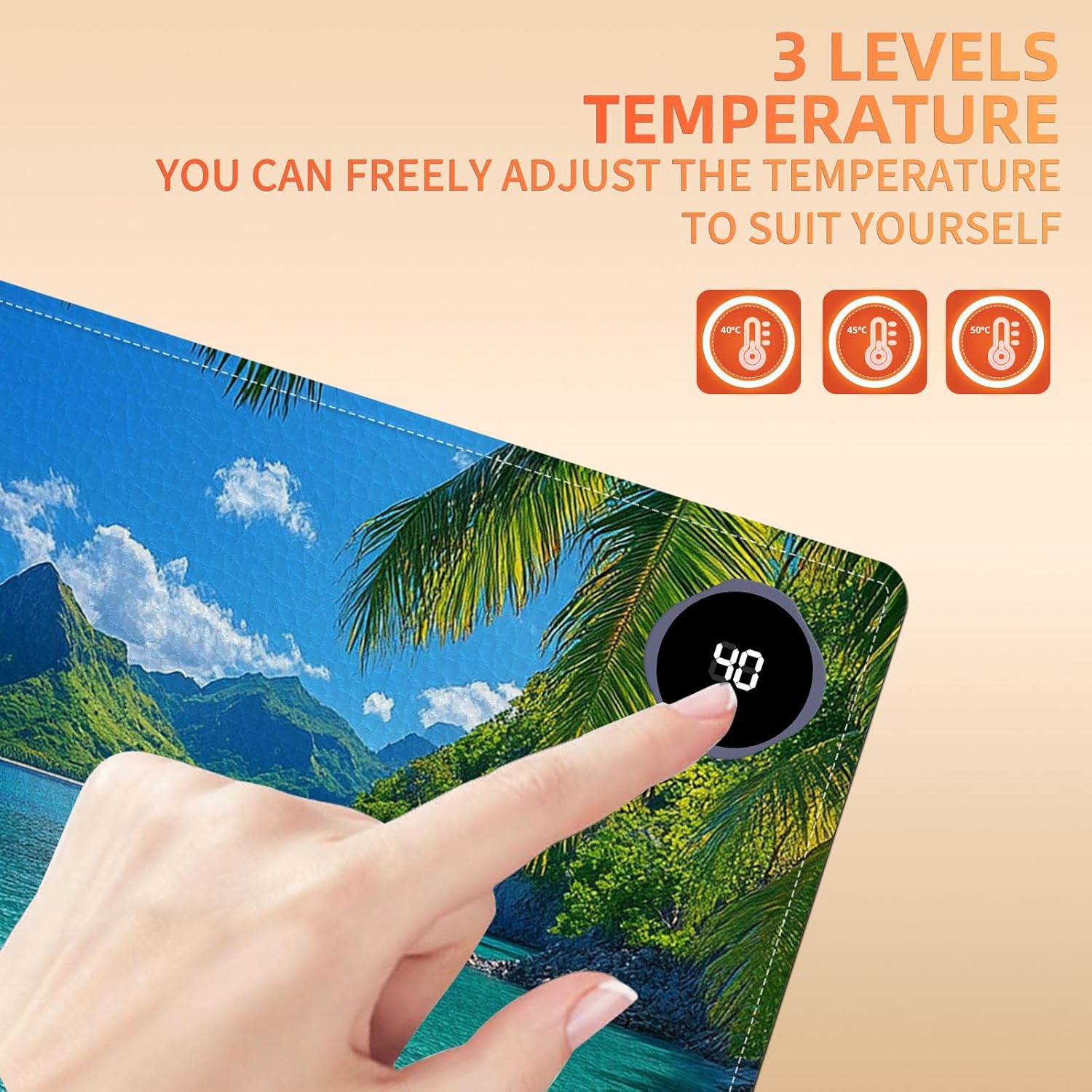 Heated Mouse Pad 23.6 x 14 in 3-Temp Fast Heating Desk Mat with Auto Timer Warmer for Hands Wrist Pain Relief Waterproof Keyboard Mat for Office, Gaming, Home, Tropical Paradise Beach