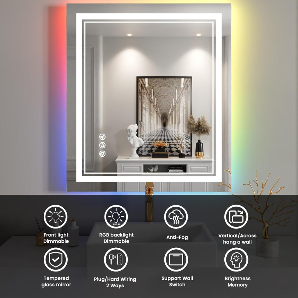 24x28 inch LED Bathroom Mirror with RGB Lights Color Changing Backlit Mirror Shatterproof Dimmable Anti-Fog Lighted Vanity Mirror (RGB Multicolor Backlit + Adjustable Front-Lighted)