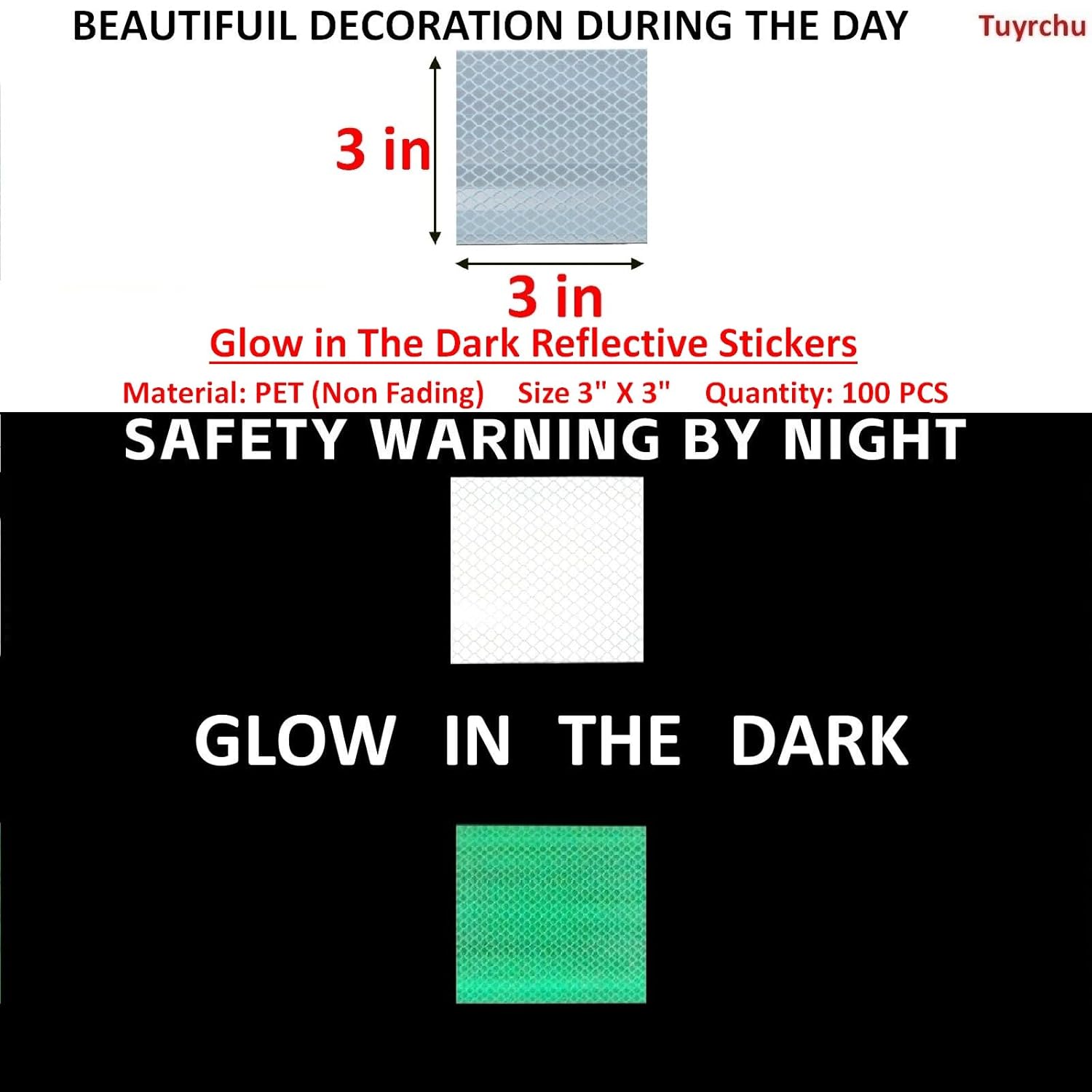 Glow in The Dark Reflective Stickers 3 inch X 3 inch for Car, High Visibility Warning Safety Reflective Strips (100 Pcs)
