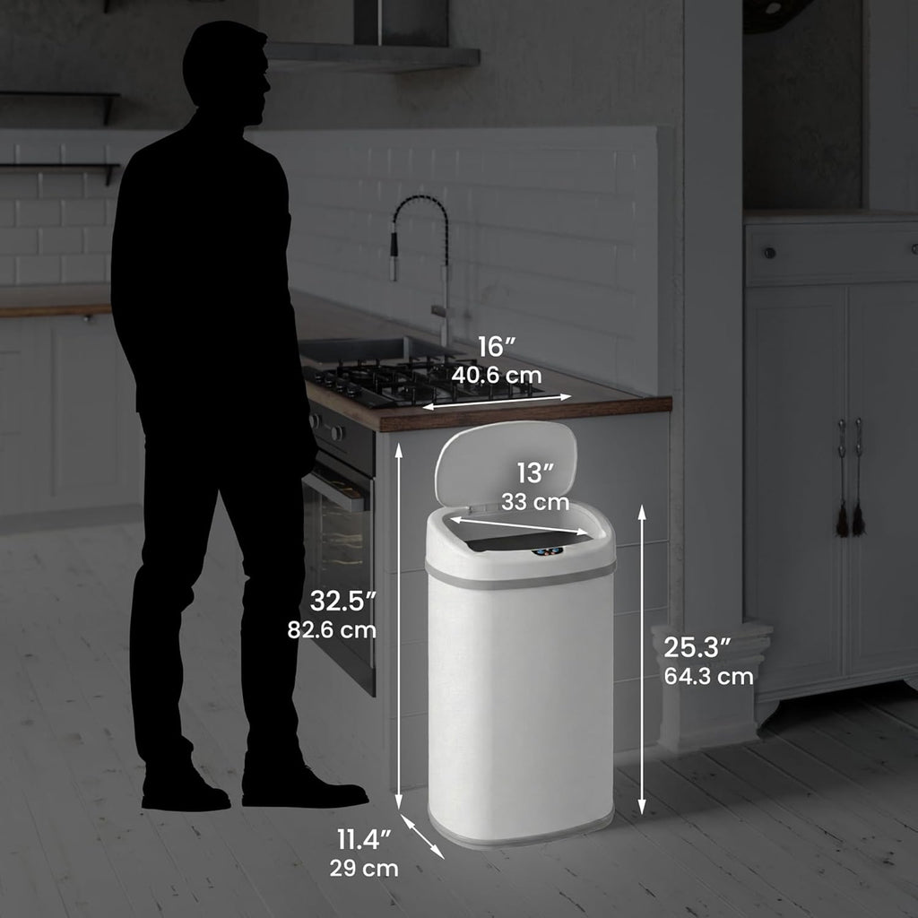 SensorCan 13 Gallon Automatic Sensor Trash Can with Lid, AC Adapter Included, AbsorbX Odor Control, Chalk White Stainless Steel Kitchen Garbage Bin, Fingerprint-Proof, Hands-Free Operation, Oval