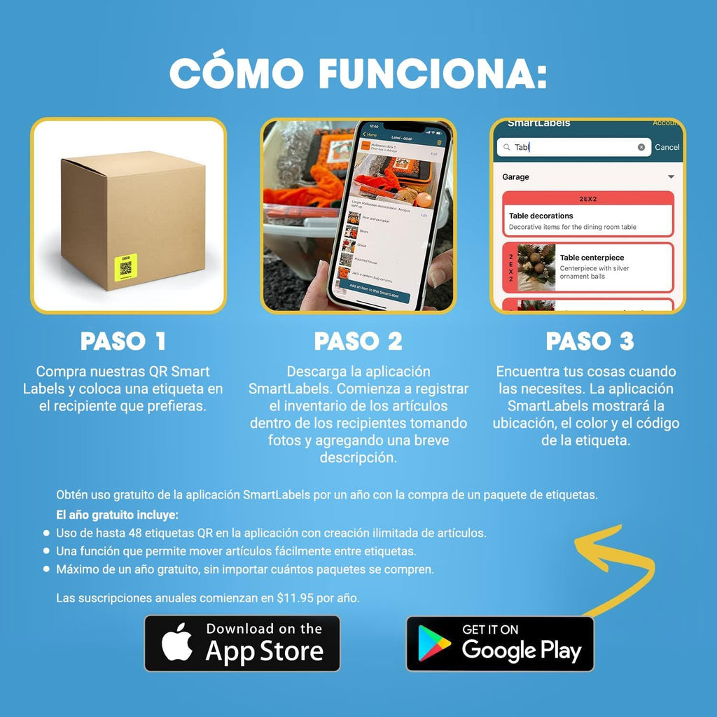SmartLabels – Etiquetas QR en Español | Paquete de 48 | Etiquetas QR Multicolor | Calcomanías con App para Inventario Fácil, Organización de Bodegas o Etiquetas de Mudanza