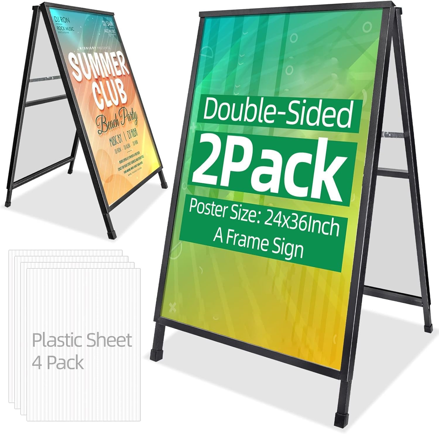 2 Pack Heavy Duty A-Frame Sidewalk Sign 24 x 36 Inch, Portable Double-Sided Sandwich Board Slide-in Folding Metal Signboard with 4 Plastic Poster Boards