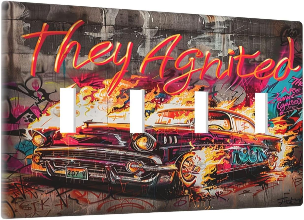 Light Switch Covers Hip Hop Street Graffiti Flame Car Quad Toggle Electrical Faceplate 4 Gang Wall Plate Decorative Switch Plates for Bedroom living Room Decor