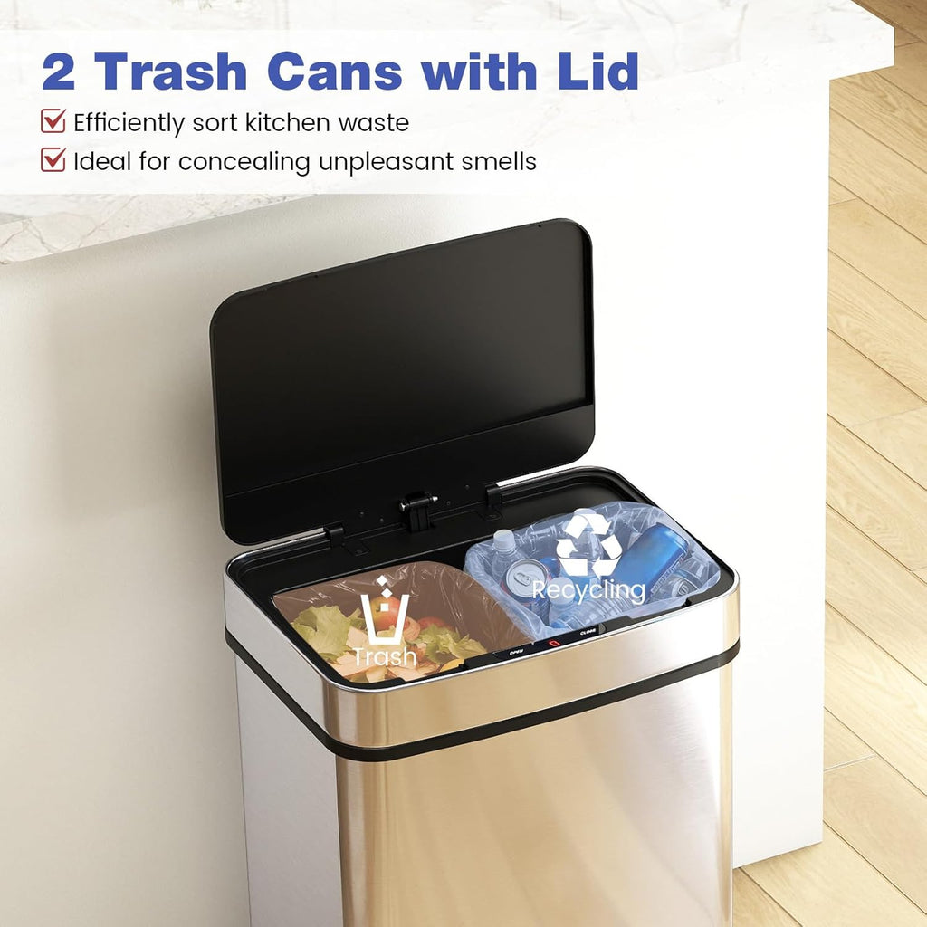 Goplus 16 Gal Automatic Trash Can, Stainless Steel Motion Sensor Trash Can with 2 Compartments, Quick Response & Soft Close Lid, Touchless Compact Garbage Bin for Kitchen, Bedroom, Bathroom and Office