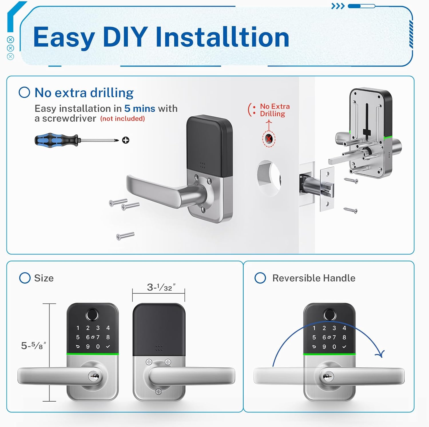 Keypad Smart Door Lock with Handle: Kucacci Keyless Entry Door Lock - Smart Lock for Front Door - Electronic Door Lock with Keypad for Exterior Door - Deadbolt Lever Alternative - Easy Installation