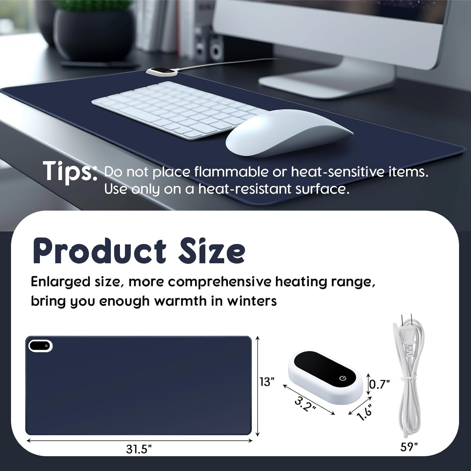 Konohan Heated Large Desk Mat PU Leather Warm Mouse Pad with 5 Heating Level & 4 Hour Auto Shut-Off Heating Keyboard Pad Warmer Gaming Mice Mat Only Supports 110v(Dark Blue Color,31.5" X 13")