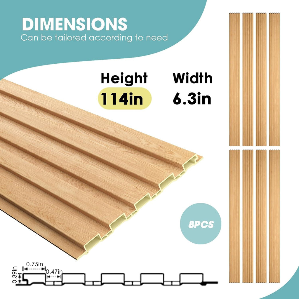 OUZUGIE WPC Acoustic Slat Wall Paneling, 8-Pack 114 x 6 Inches 3D Wall Panels for Interior Wall Decor,Living Room,TV Background,Study Room,Office Spaces,Bedroom,Low Grille (Oak)
